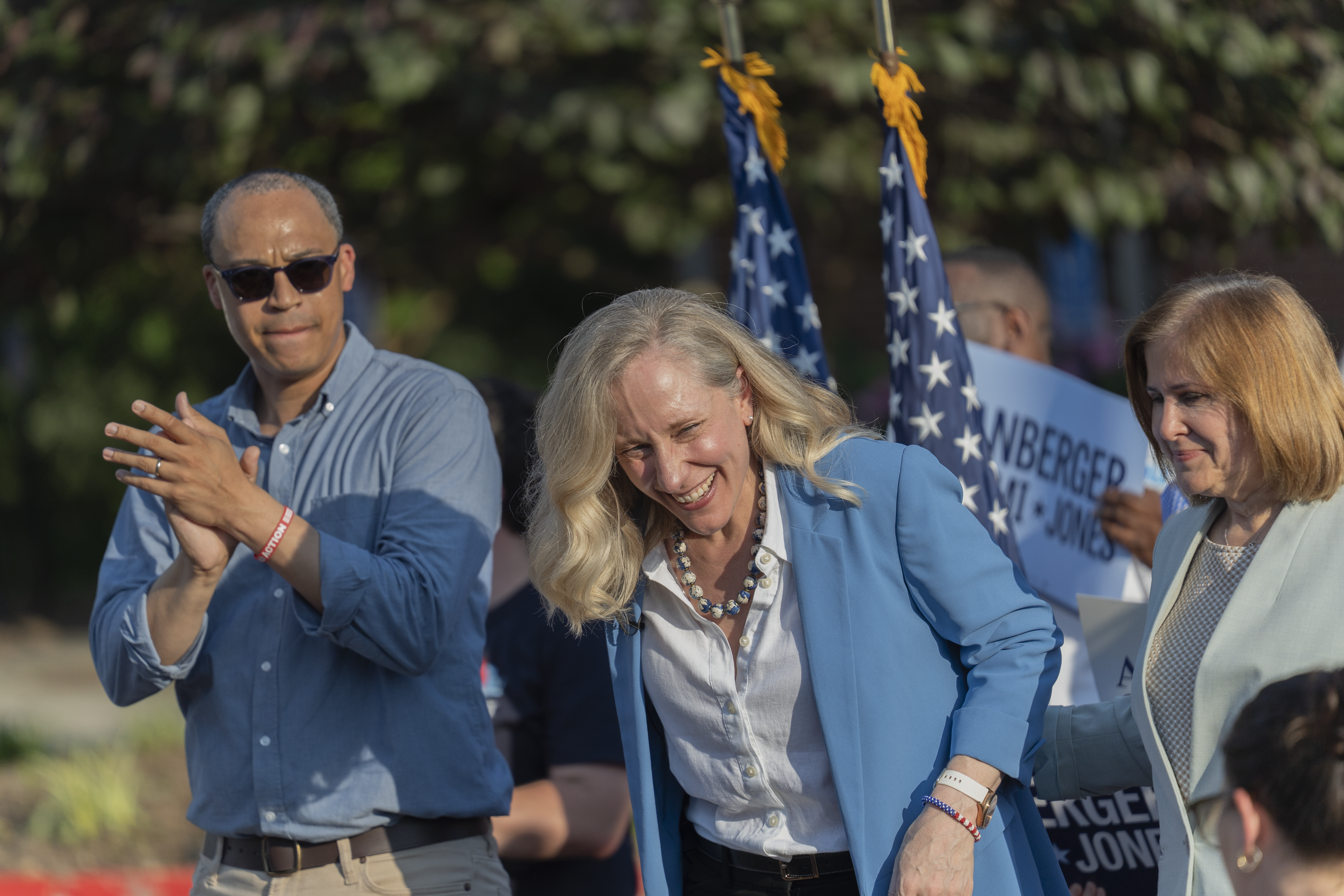 Jay Jones, Abigail Spanberger, and Ghazala Hashmi at a Fairfax County rally during the campaign.